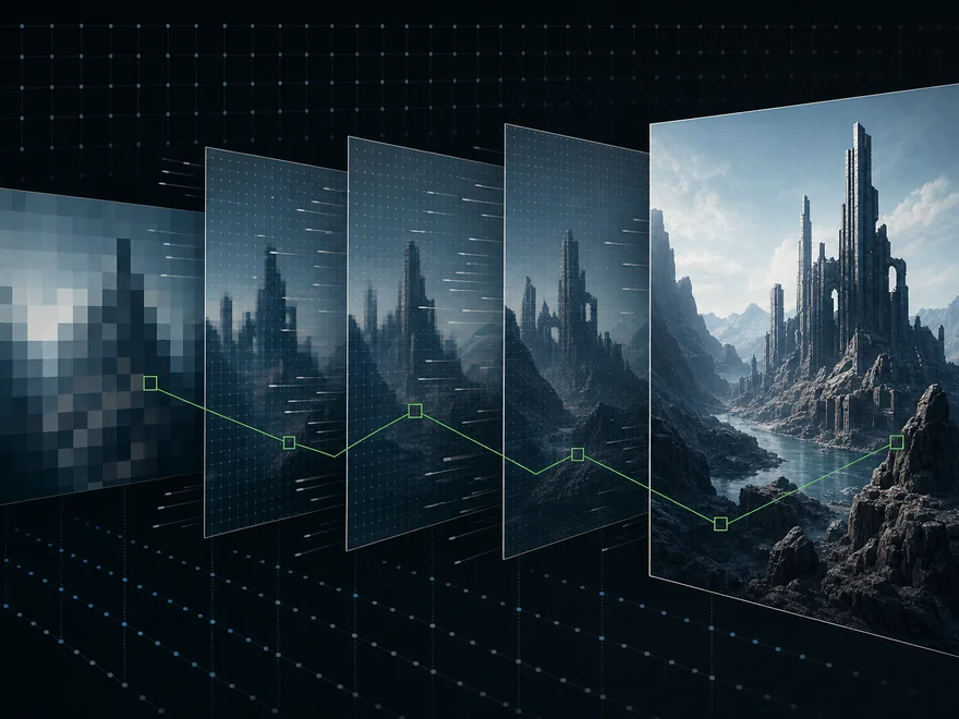 Layered temporal samples progressing from a coarse frame to a clear reconstructed image