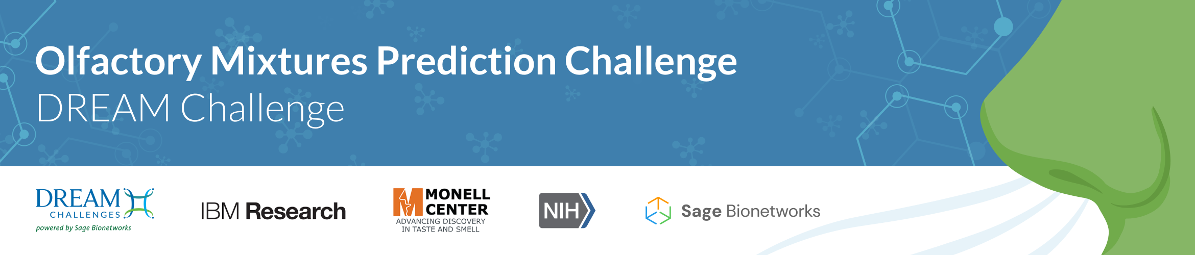 Olfactory Mixtures Prediction Challenge banner with DREAM, IBM Research, Monell Center, NIH, and Sage Bionetworks logos