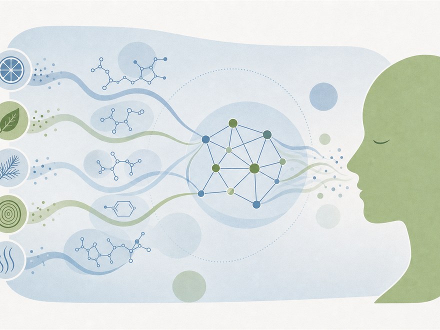 Flat blue and green illustration of scent streams converging on a perceptual similarity network